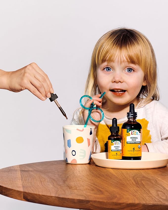 Herb Pharm Organic Kids Herbal Hug: Nervous System Support with Skullcap, Passionflower, Mullein & Oat Seed | Fast-Absorbing & Alcohol-Free, Kid-Friendly Taste, Extract for Kids, 1 oz*