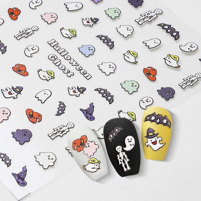Halloween Nail Stickers for Nail Art - Cute Ghost Nail Art Sticker Halloween Bat Witch Hat 5D Embossed Nail Decals Self-Adhesive Nails Supply Manicure Stickers for Nails Decoration