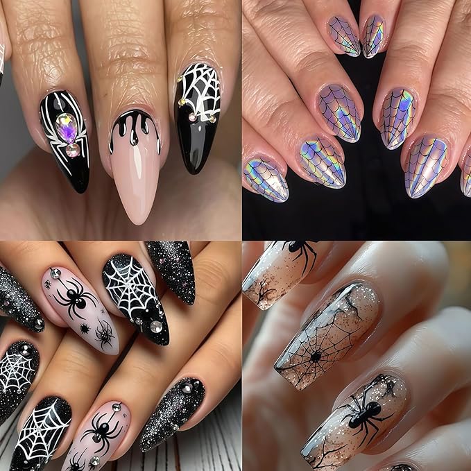 10 Sheets Spider Nail Art Stickers Halloween Nail Decals 3D Self-Adhesive Laser Black White Gold Silver Spiders and Spider Web Nail Sticker Design DIY Holiday Party Nails Supplies for Salon Manicure