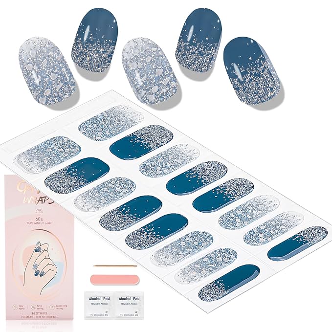 WOKOTO Semi Cured Gel Nail Strips (Blue & Glitter)-16 Pcs Gel Nail Stickers | Gel Nail Wraps | UV Light Required, Salon Quality & Easy To Use, Real Nail Polish Strips Stick On Nails With Nail File