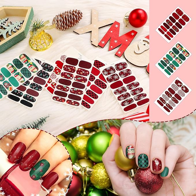 140 Pcs 10 Sheets Christmas Full Wrap Nail Stickers Polish Strips Plaid Gradient Stickers Glitter Self Adhesive DIY Art Decals Strips with 2 Pcs Nail Files for Xmas Decor (Snowflake Style)