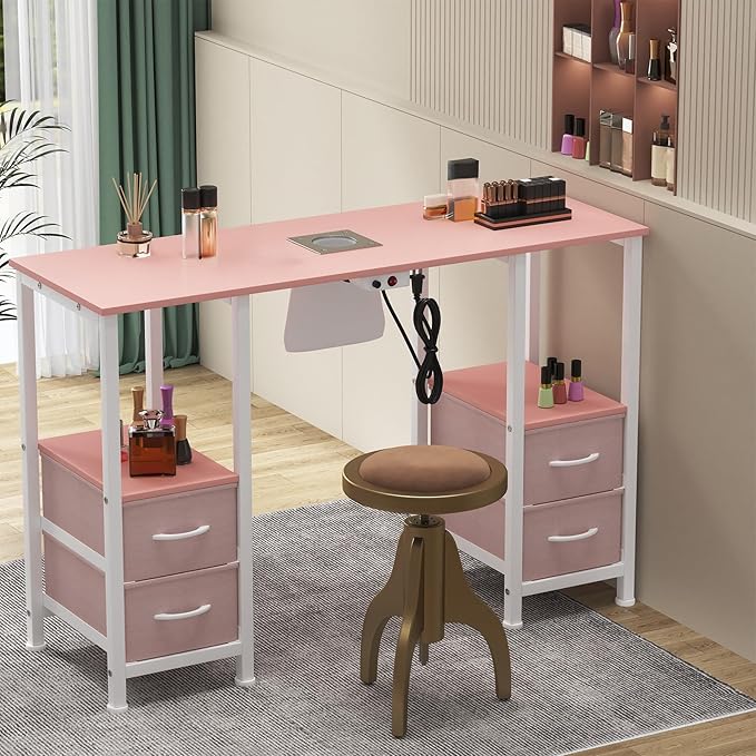 Manicure Table for Nail Tech, Nail Tech Table Station w/4 Storage Drawers & 2 Open Shelves, Nail Table w/Dust Collector for Beauty Salon Tech Station (Pink)
