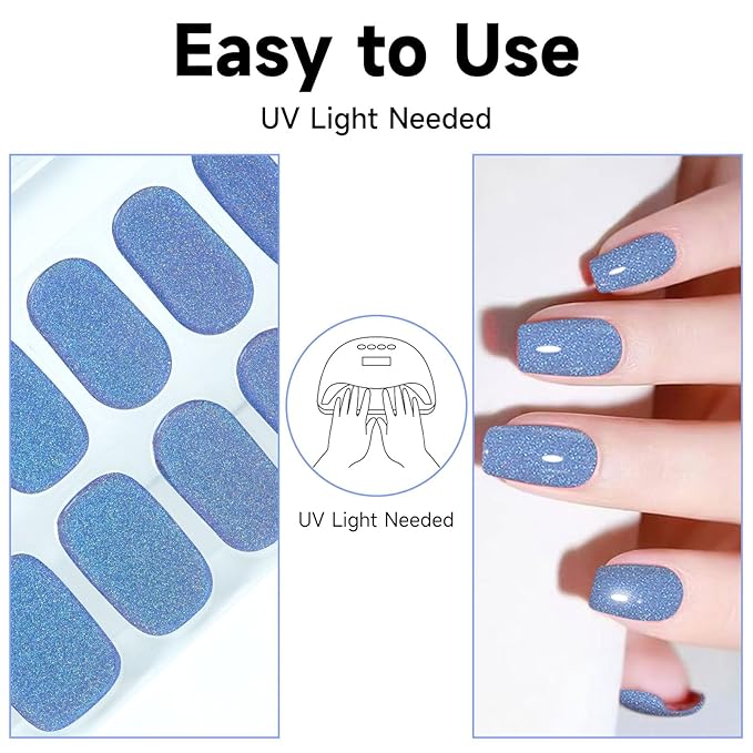 Semi Cured Gel Nail Strips (Glitter Blue), 28 pcs Gel Nail Stickers, Work with Any UV Lights, Long-Lasting NailWraps for Women, Salon-Quality, Easy to Apply & Remove