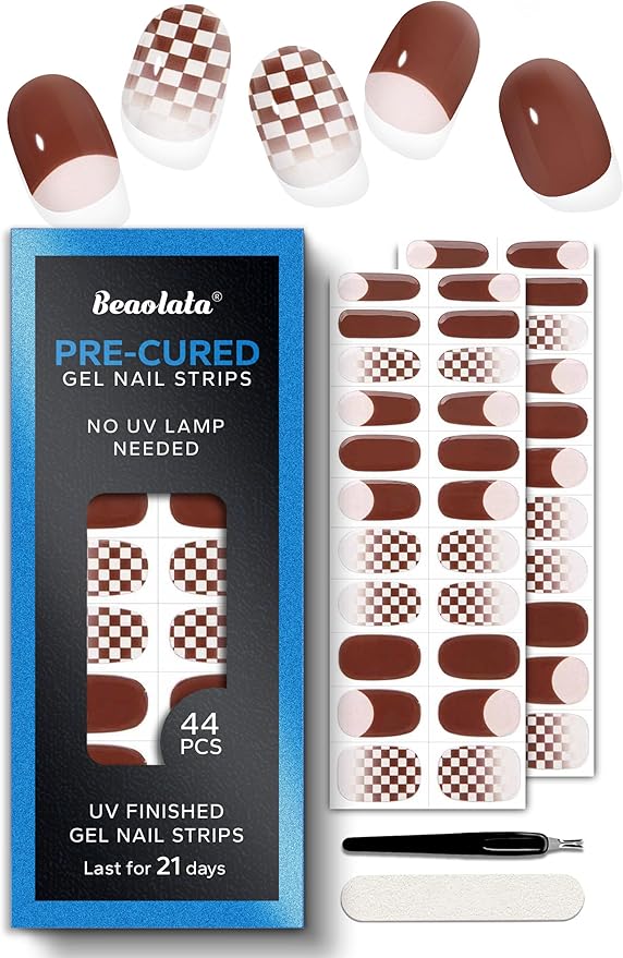 Pre Cured Gel Nail Strips - 44PCS Salon Quality Gel Nail Stickers - Long Lasting Polish Wraps for Women no UV Light Needed Easy Apply& Remove (Chestnut Brown）