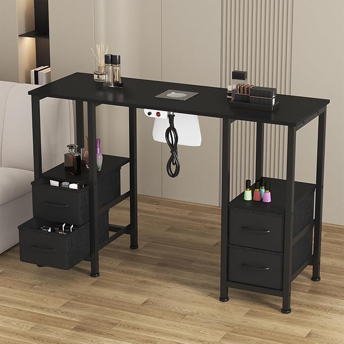 Manicure Table for Nail Tech, Nail Tech Table Station w/4 Storage Drawers & 2 Open Shelves, Nail Table w/Dust Collector for Beauty Salon Tech Station (Black PU)