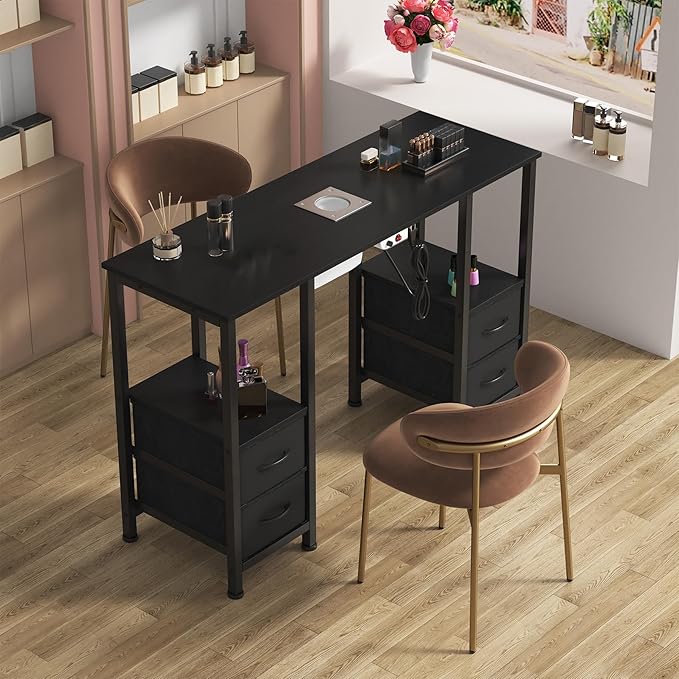 Manicure Table for Nail Tech, Nail Tech Table Station w/4 Storage Drawers & 2 Open Shelves, Nail Table w/Dust Collector for Beauty Salon Tech Station (Black PU)