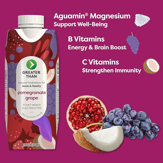 Greater Than Nutrient Hydration Beverage, Electrolyte Drink for Gut Health & Energy with Coconut Water, Vitamins, Gluten Free, Plant Based, Low Sugar, Pomegranate Grape, 24 Pack