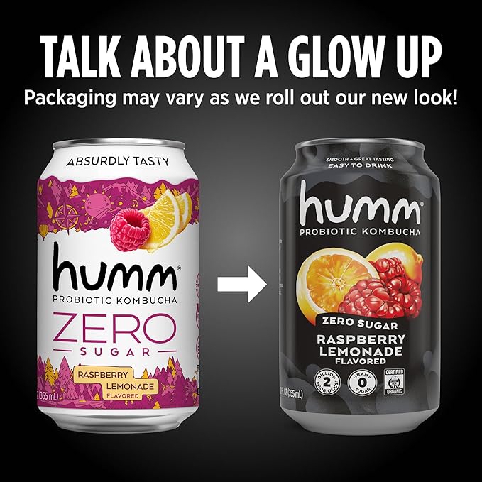 Humm Probiotic Kombucha Zero Sugar Raspberry Lemonade, No Refrigeration Needed, Keto Friendly, Organic, Vegan, Gluten Free, 12oz Cans (16 Pack)