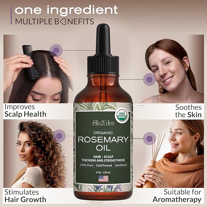 Ella & Eden Rosemary Oil for Hair 100% Pure, Steam-Distilled, Hexane-Free | USDA Certified Organic Rosemary Essential Oil for Skin Aromatherapy in a Glass Bottle, 4 Oz