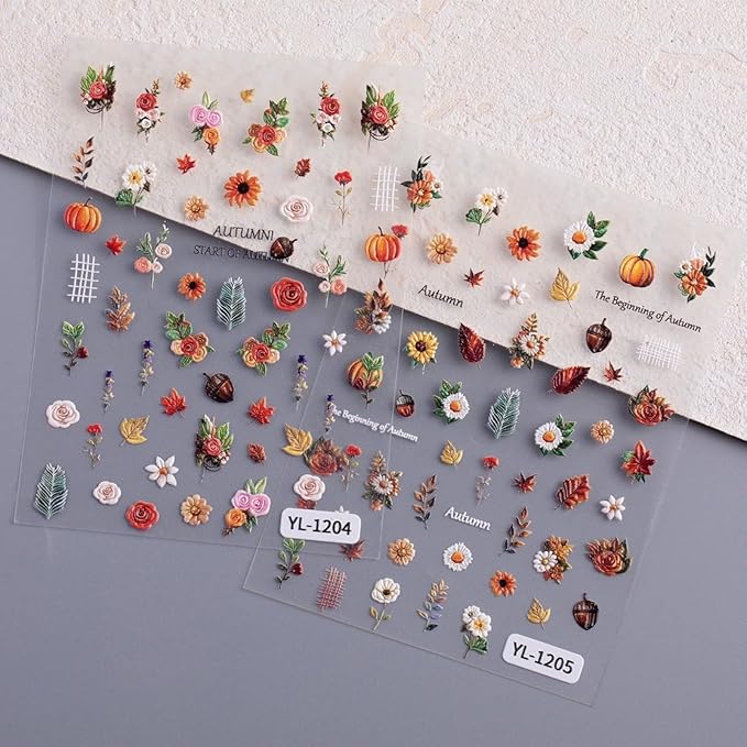 Fall Nail Art Stickers Autumn Maple Leaf Nail Decals 5D Embossed Nails Stickers Fallen Leaf Pumpkin Pine Cones Nail Supplies Autumn Flowers Nail Decals for Women Thanksgiving Day Manicure Decoration