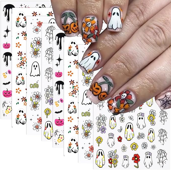 8 Sheets Ghost Nail Art Stickers Halloween Nail Decals 3D Self-Adhesive Bats Spider Web Ghost Autumn Flowers Sticker Nail Design Acrylic Nails Decoration Accessories for Women Holiday Nails