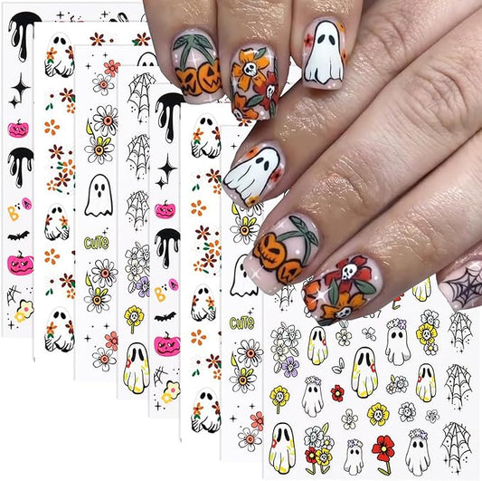8 Sheets Ghost Nail Art Stickers Halloween Nail Decals 3D Self-Adhesive Bats Spider Web Ghost Autumn Flowers Sticker Nail Design Acrylic Nails Decoration Accessories for Women Holiday Nails