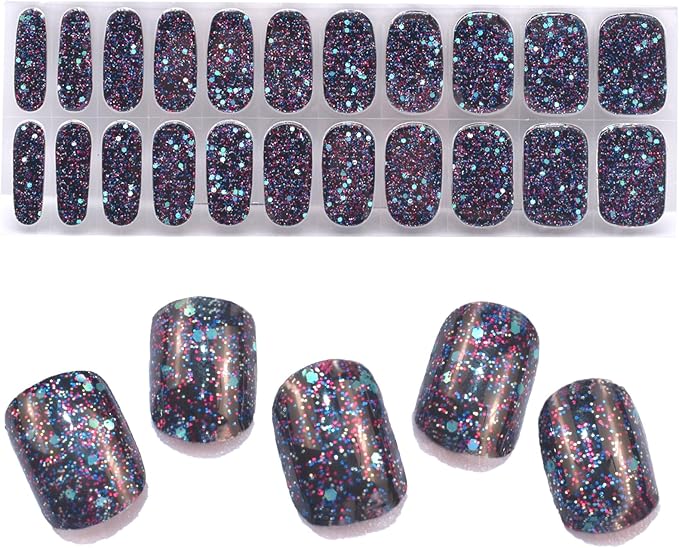 Semi Cured Gel Nail Strips Salon-Quality, Long Lasting Adhere Nail Art Stickers Decals (Sparkly Blue)