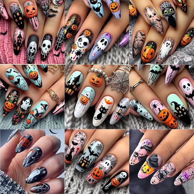 10 Rolls Halloween Nail Stickers Cartoon Pumpkin Nail Art Stickers with Spider Skull Bat Cat Design Sticker Cute Ghost Nail Decals Nail Supplies for Women DIY Acrylic Nails Manicure Wraps Decoration