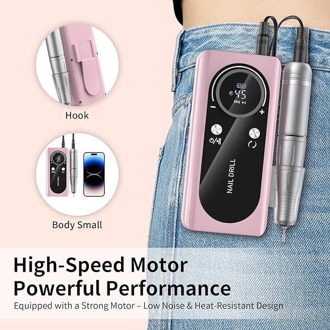 Electric Nail Drill Machine 45,000RPM - Professional Electric and Rechargeable Nail Drill with LCD Display, 6 Bits and 30 Sanding Bands, Low Heat Quiet E-File for Acrylic Gel Nails (Light Pink)