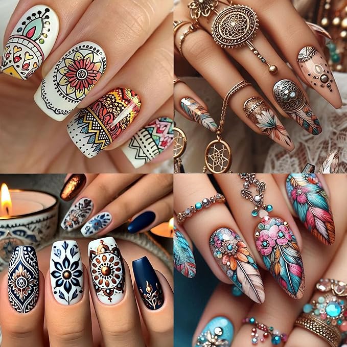 Bohemian Style Nail Stickers - Boho Chic Dreamcatcher Ethnic Tribal Feathers Self-Adhesive 3D Nail Decals for Women DIY Totem Manicure(4 Sheets)