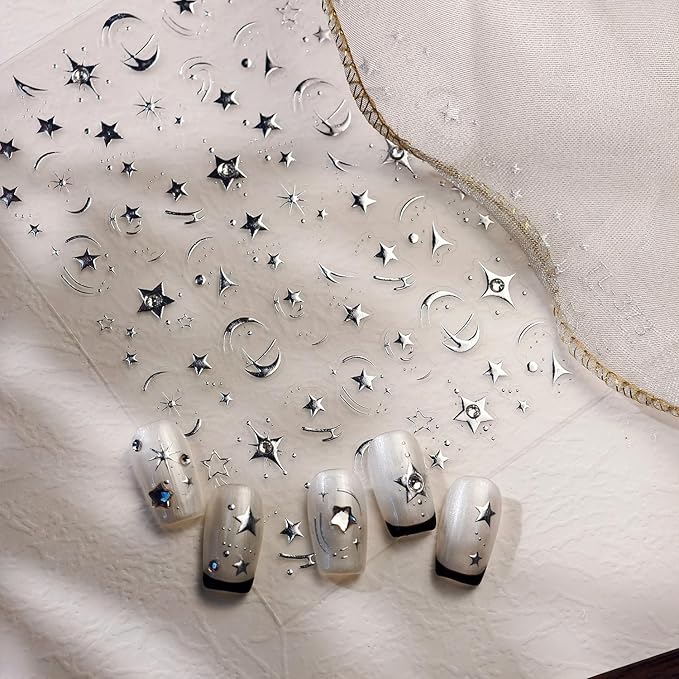 1Sheet Moon Star Nail Art Stickers 5D Embossed Silver Nail Stickers Luxury Star Moon Sticker for Nails Designs Diamond Star Nail Decals Y2K Nails Supplies Manicure Accessories for Women