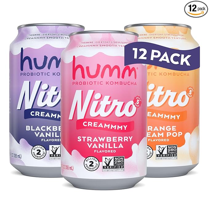 Humm Nitro Kombucha Variety Pack, Creamy Smooth Probiotic Drink with L-Theanine, Includes Blackberry Vanilla, Orange Dream Pop & Strawberry Vanilla, Non-GMO, Vegan, Gluten Free, 12 fl oz (Pack of 12)