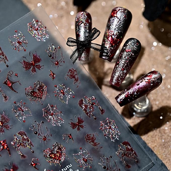 Halloween Nail Stickers for Nail Art 5D Red Rhinestone Spider Nails Decals Self Adhesive Bloody Butterfly Heart Spider Web Design Halloween Spider Nails Art Stickers for Women Manicure Supplies 1PCS