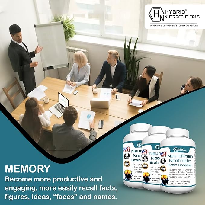 Hybrid Nutraceuticals NeuroPhen Nootropics Brain Booster Supplement - Focus Supplement, Memory Supplement for Brain with Bacopa Extract, Phosphatidylserine, Huperzine A - 60 Capsules