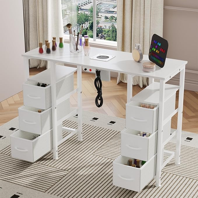 Manicure Table Nail Desk for Nail Tech, Nail Beauty Table w/Electric Dust Collector & 6 Storage Drawers & Open Shelves for Home, Workshop, Makeup Beauty Salon Workstation