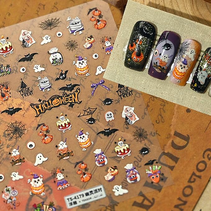 Halloween Nail Stickers for Nail Art - Cute Ghost Nail Art Sticker Halloween Bat Witch Hat 5D Embossed Nail Decals Self-Adhesive Nails Supply Manicure Stickers for Nails Decoration（Ghost Party）