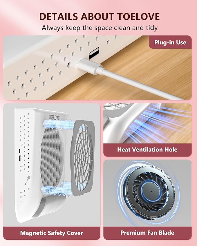 Upgraded Nail Dust Collector with Hand Rest, 10 Speeds, Reusable Filter, Quiet & Rechargeable, Professional Nail Fan Dust Tech Machine for Acrylic Gel Nails Polishing, Salon & Home, White