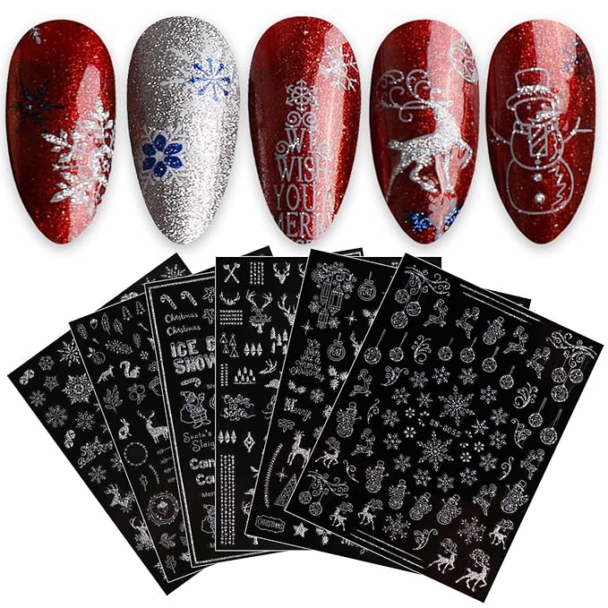 JMEOWIO 9 Sheets Christmas Glitter Nail Art Stickers Decals Self-Adhesive Snowflake Winter Holiday Silver Nail Supplies Nail Art Design Decoration Accessories