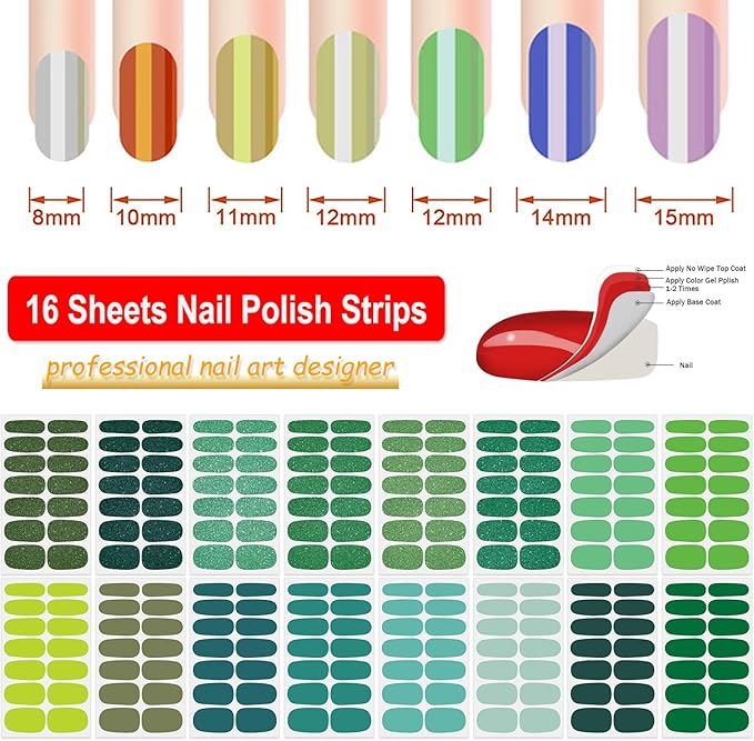 DANNEASY 16 Sheets Green Nail Wraps for Women Full Nail Polish Stickers Fresh Color Self Adhesive Nail Polish Strips Glitter Nail Strips Gel Fingernail Sticker Nails with File, Cuticle Stick