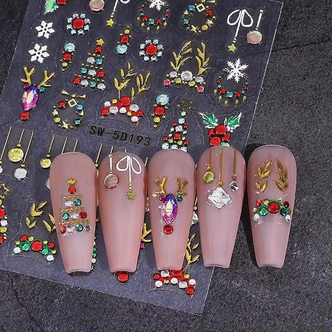 Christmas Nail Stickers Red Bow Glitter Diamond Sticker Decals DIY Self Adhesive Gold Christmas Tree Lights Snowflake Design Nail Decoration Supplies Holiday Manicure Accessories for Women Girls 3Pcs