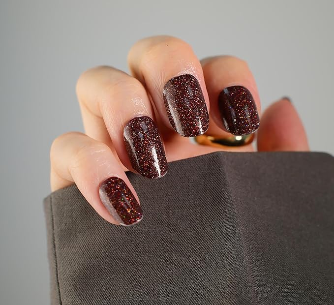 Nail Polish Strips, 32PCS Salon Quality Wraps, Long Lasting Gel Nail Stickers for Women Easy Apply& Remove (Chocolate Brown Glitter)
