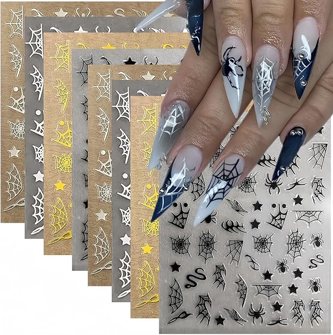 Spider Web & Snake Nail Art Stickers - Halloween Decals, Black & White, Gold & Silver, Self-Adhesive, 8Pcs