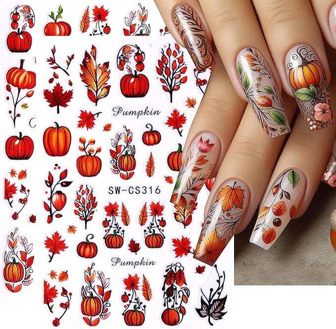 Fall Nail Stickers for Nail Art 3D Thanksgiving Pumpkins Autumn Fruit, Maple Leaf, Fallen Leaves Adhesive Nail Stickers for Women Nail Decoration Holiday DIY Cute Pumpkin Manicure Supplies 4 Sheets