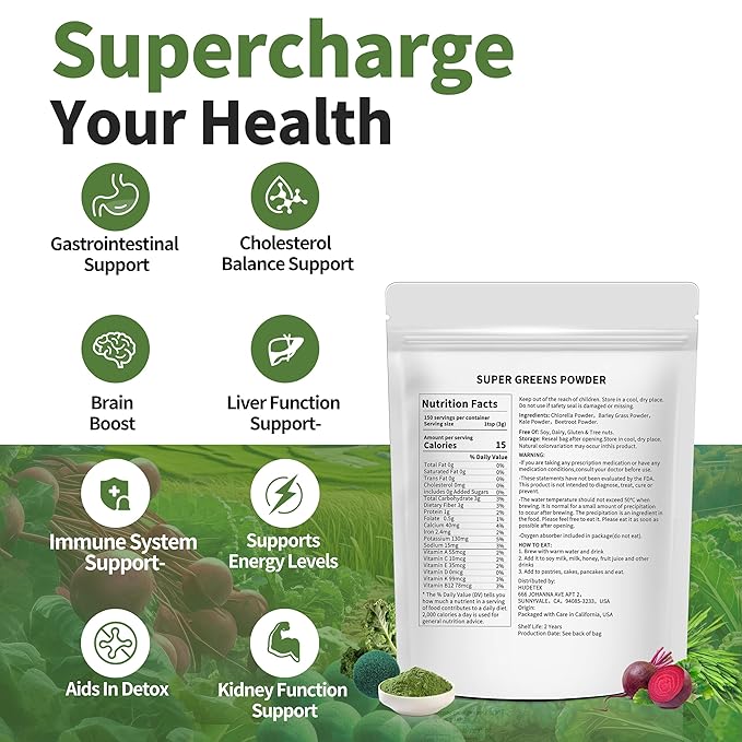 Greens Powder Superfood for Immune Support With 16 oz，Greens Powder Smoothie Mix with Chlorella, Barley Grass, Kale & Beetroot Smoothie Booster, Chlorophyll Providing Greens.