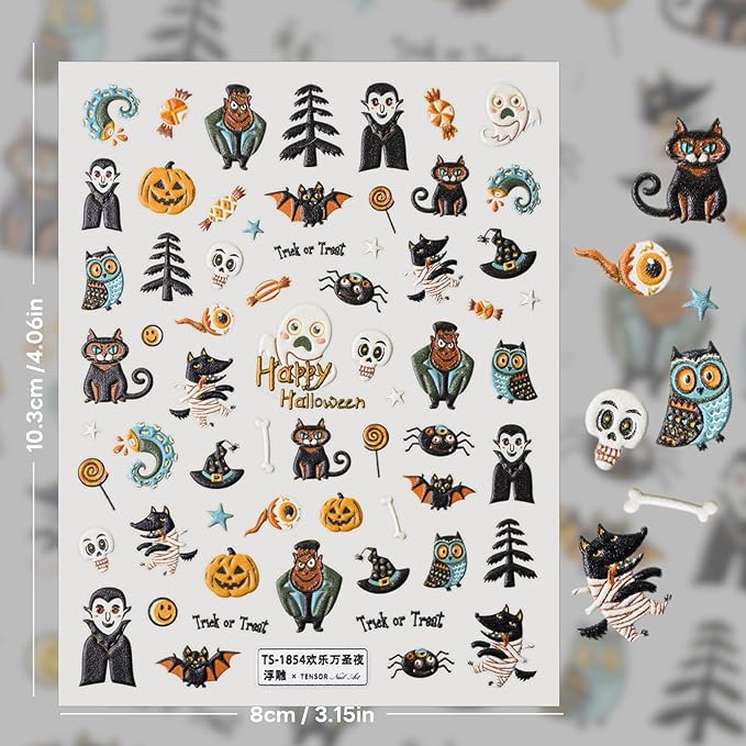 Halloween Nail Stickers for Nail Art Halloween Theme 5D Embossed Nail Decals Self-Adhesive Nails Supply Manicure Stickers for Nails Decoration