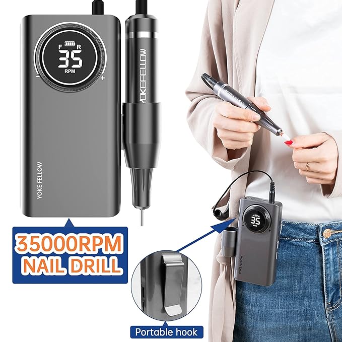 YOKE FELLOW Nail Drill Machine - 35000RPM Electric Nail File Nail Drills for Acrylic Nails Professional with 6 Drill Bits for Manicure Pedicure Home DIY Salon Use