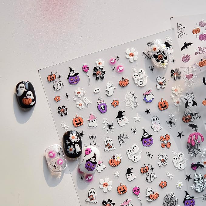 5D Halloween Nail Stickers for Nail Art,Ghost Pumpkin Halloween Nail Art Stickers 1PCS Flower Ghosts Spider Web Star 5D Embossed Holiday Nail Decals Manicure Accessories for Women DIY Decorations