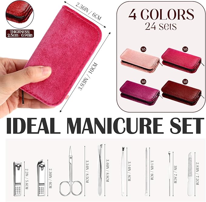 Coume 24 Sets Manicure Set Bulk Rad Tech 8 in 1 Nail Clippers Kit Luxurious Travel Case Stainless Steel Nails Care Tool Office Gift for Coworker Nurse Practitioner Week Christmas(Red Series)