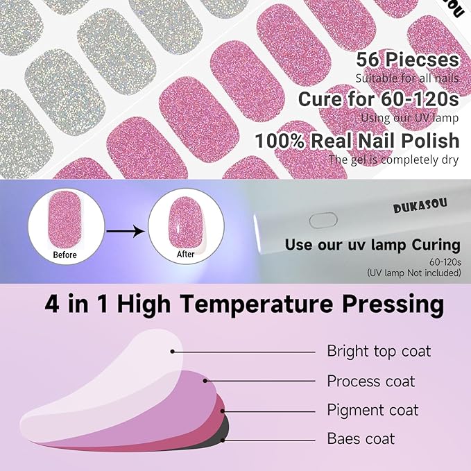 Semi Cured Gel Nail Strips 2 Set, (Glitter Silver/Pink) 56 Pcs Gel Nail Wraps,Stickers Works with Any UV/LED Lamps,Long Lasting,Salon-Quality, Easy to Apply