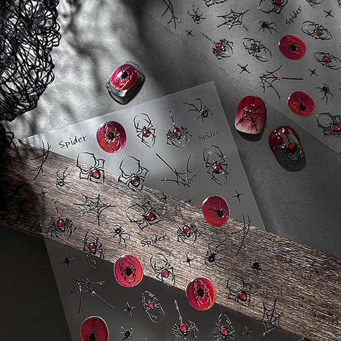 1Sheet Halloween Spider Nail Stickers for Nail Art Spider Web Nail Art Stickers 5D Embossed Halloween Nail Decals with Crystal Red Spider Web Nail Designs Manicure Decor for Women Manicure Supplies