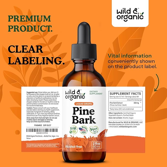 Wild & Organic Pine Bark Extract Tincture - Antioxidant Support - Pinus Pinaster Supplements - French Maritime Bark Liquid Drops - 2-Month Supply - Vegan, Alcohol & Sugar-Free - 2 fl oz