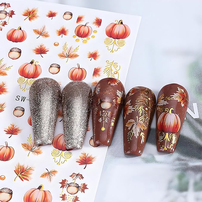Fall Nail Art Stickers, Cute Fox Nail Art Decals 3D Self-Adhesive Leaves Pumpkin Nails Stickers Fall Flowers Nail Design 3Pcs Nail Art Supplies for Women Fall Nail Decoration