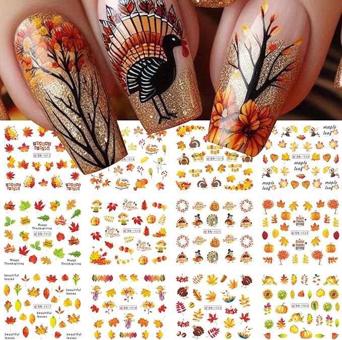 Fall Nail Stickers Water Decals 48 Designs Autumn Maple Leaf Water Transfer Nail Decals Turkey Pumpkin Squirrels Foxes Sliders Manicure Fall Sticker for Nail Decoration DIY Supplies 4 Sheets