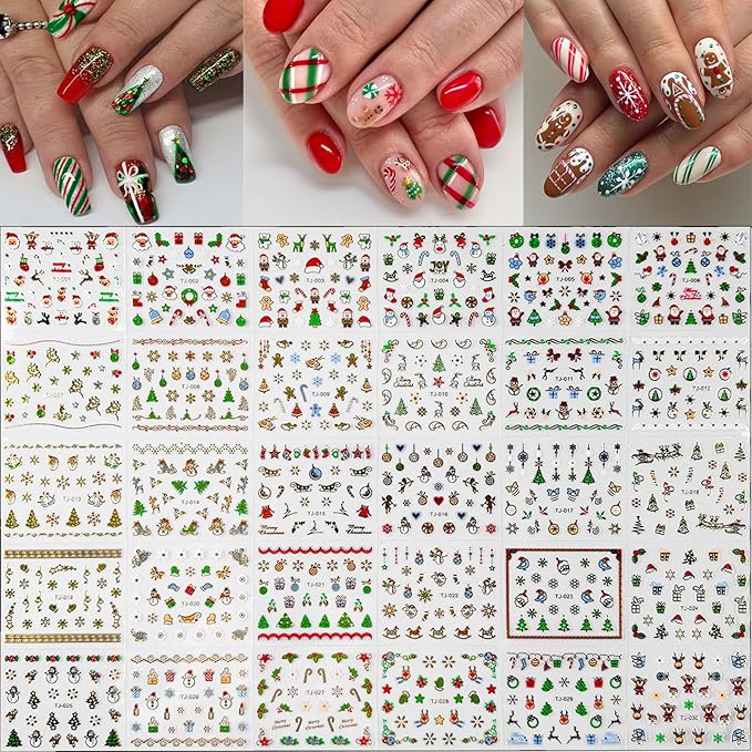 90 Sheets 3D Self Adhesive Nail Decals - Santa Claus, Christmas Tree, Snowflake Nail Art Stickers - Cute Christmas Nail Art Supplies for Women Manicure Decorations