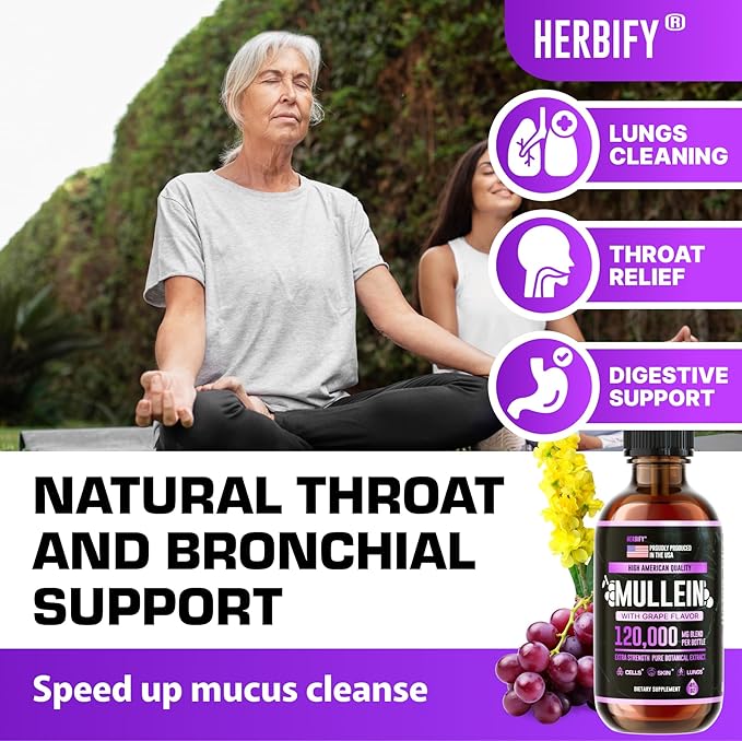 HERBIFY Mullein Drops - Lung Cleanse - Leaf Extract - Powerful Mullein for Immune Support, Detox & Respiratory Support - Made in USA - Herbal Supplements - 4 Oz Grape Flavor