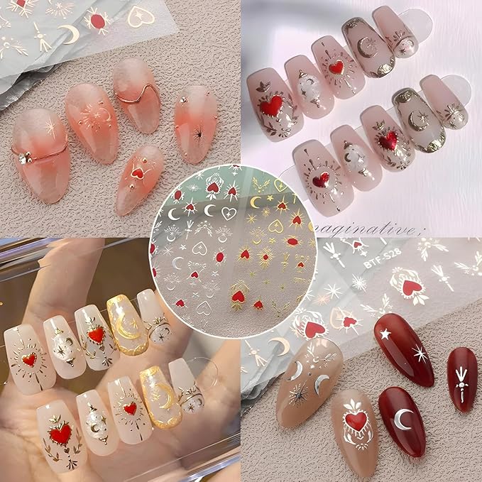 12 Sheets Gold Nail Art Stickers 3D Self-Adhesive Nail Stickers Sliver Star Nail Decals Red Heart Moon Nail Supplies Nail Art Design Gold Manicure Decorations for Women and Girls