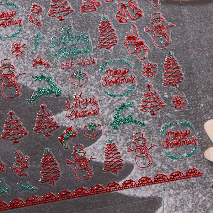 JMEOWIO 9 Sheets Christmas Glitter Nail Art Stickers Decals Self-Adhesive Green Red Snowflake Winter Holiday Nail Supplies Nail Art Design Decoration Accessories