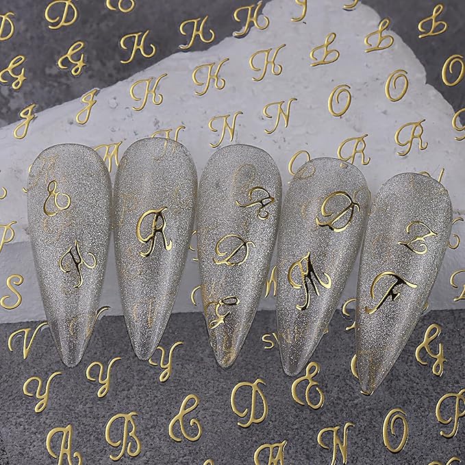 12 Sheet Letters Nail Stickers English Alphabet Nail Decals 3D Self-Adhesive Nail Art Stickers Gold Retro Letters Nail Sticker Manicure Decorations for Women DIY Acrylic Nails Art Supplies