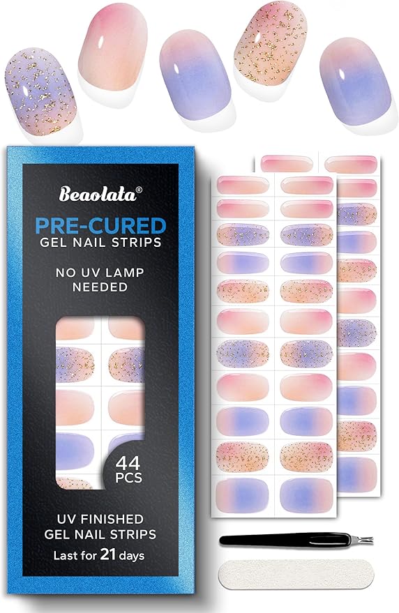 Pre Cured Gel Nail Strips - 44PCS Salon Quality Gel Nail Stickers - Long Lasting Polish Wraps for Women no UV Light Needed Easy Apply& Remove (Blush Blue）