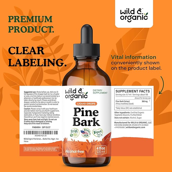 Wild & Organic Pine Bark Drops - Antioxidant Support - French Maritime Pine Bark Extract Tincture - 5-Month Supply - Pinus Pinaster Supplement - Vegan, Sugar & Alcohol-Free - 4 fl oz